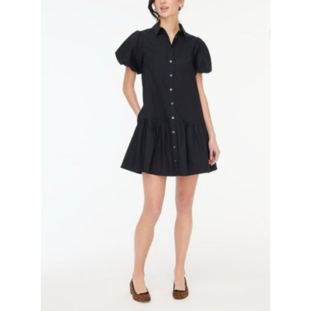 J.Crew Womens Bubble Sleeve Shirtdress Cotton Button‎ Front Black Size 14 Modern